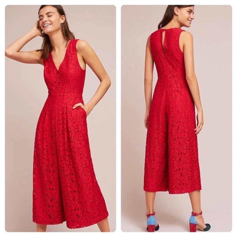 ANTHROPOLOGIE Moulinette Soeurs Jaeda Red Lace Wide-Leg Jumpsuit Size 10